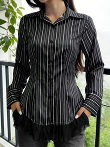Bluză cu dungi la modă pentru femei, 1 buc., top casual de înaltă calitate, potrivit pentru purtare zilnică, petrecere de primăvară/vară pentru întoarcerea la școală, negru - Negru - Vizualizare 3
