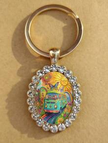 1pc Retro Hippie Truck Pattern Oval Keychain, Vibrant 1960s Design: Peace Sign, Smiling Face, Sun, Moon, Butterfly And Flower, Suitable For Keys, Bags, Birthday, Christmas, Halloween - Gold - View 5