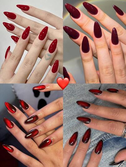 96pcs Glossy Nail Stickers Set, Including 4 Styles: Shiny Red, Y2K Cat Eye, Burgundy, Ombre, Acrylic Nail Art Decals, Elegant Medium Length, Perfect Fit Fake Nails Kit With 1pc Jelly Gel And 1pc Nail File, Suitable For Women And Girls DIY Daily Life And Party Use
