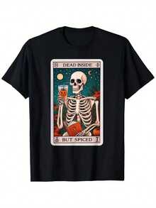 Camiseta "Dead Inside But Spiced Skeleton Tarot Card" - 100% Algodón, 180 g/m², Corte Relajado, Estilo Vintage Streetwear, con Arte de Cartas del Tarot, Diseño de Calabaza y Murciélago, Tallas Grandes 1XL-5XL, Negra, Regalo Unisex para Hombres y Mujeres, Ropa para Todas las Temporadas, Camiseta con Diseño Original, Ajuste Cómodo, Calidad de Impresión Duradera, TALLAS GRANDES - Negro - Ver 2