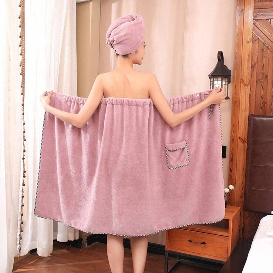 2pcs Women Bow Decor Tube Top & Shower Cap Set - Purple - View 1