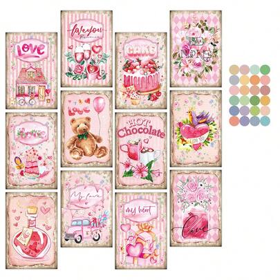 12pcs Vintage Pink Love Postcards, Retro Floral Love Theme Design - Romantic Illustration Collection Decorative Cards, Suitable For Making Gift Cards, Wall Stickers, Home Bedroom Decor, Scrapbooking And Handmade Gifts, Great For Wedding Anniversary, Birthday, Valentine's Day Decoration.