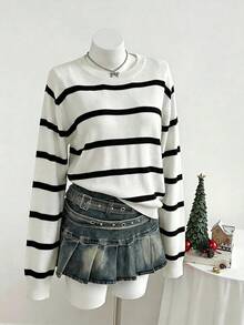 Women's Casual Contrast Stripe Round Neck Pullover Sweater, Versatile New Arrival