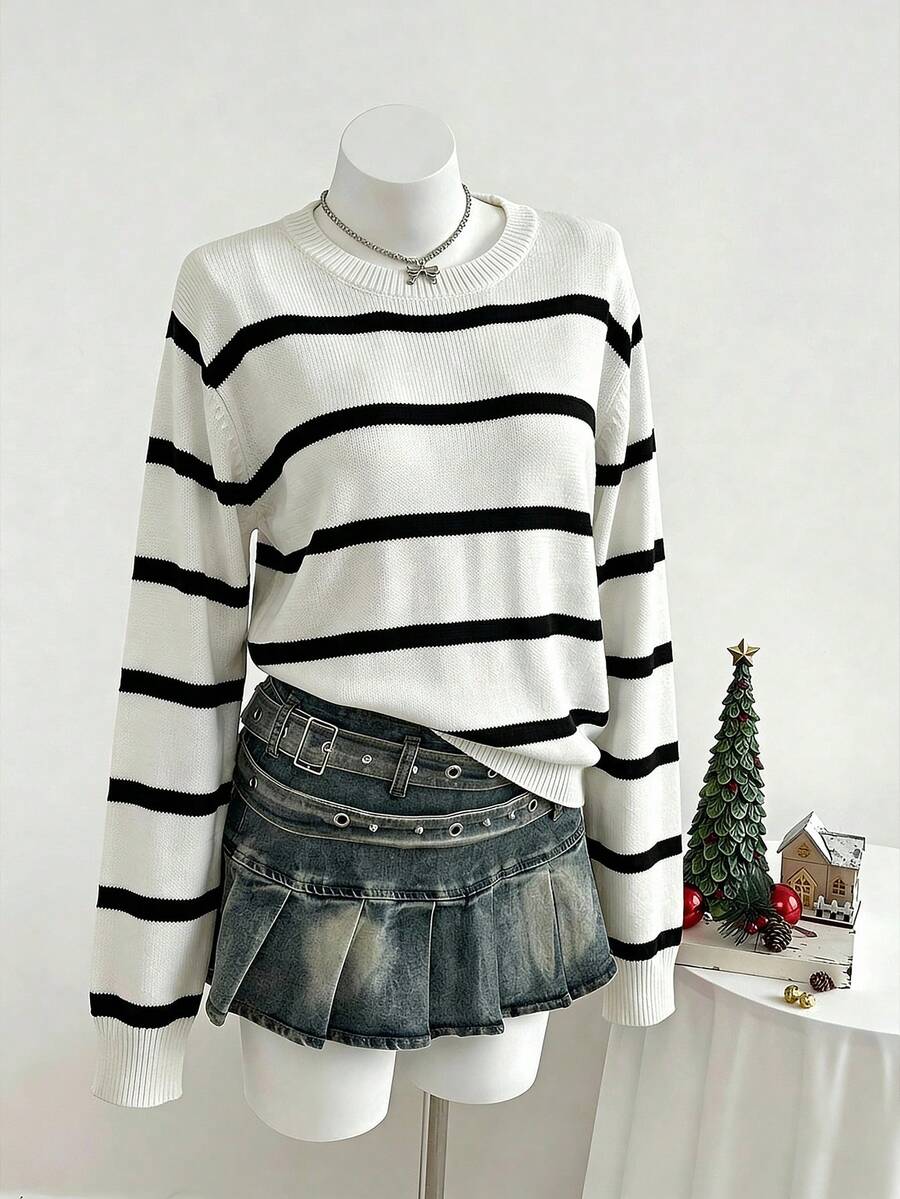 Women's Casual Contrast Stripe Round Neck Pullover Sweater, Versatile New Arrival