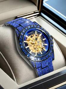 1 pieza Reloj mecánico de lujo para hombre totalmente cubierto de diamantes con correa de acero azul - mirar - Ver 6