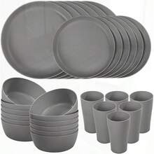 Juego de vajilla de paja de trigo 24 piezas platos y cuencos de color gris oscuro platos de cena irrompibles plato de plástico reutilizable apto para microondas y lavaplatos para camping picnic - Grisoscuro - Ver 1