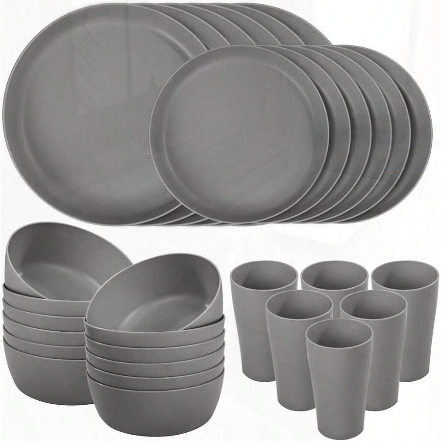 Juego de vajilla de paja de trigo 24 piezas platos y cuencos de color gris oscuro platos de cena irrompibles plato de plástico reutilizable apto para microondas y lavaplatos para camping picnic - Grisoscuro - Ver 1