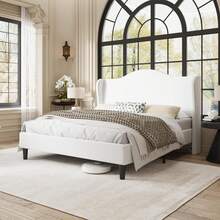 Allewie Full/Queen/King Size Bed Frame, Upholstered Wingback Platform With 47" Tall Tufted Headboard, Plush Velvet Fabric, Modern Minimalist Design, No Box Spring Required, Tool-Free Assembly, White - 白色 - 查看 1