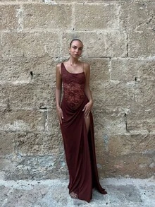 Spring Summer Women's New Dress Solid Color Strap Lace Patchwork Slim Dress - Burgundy - View 4