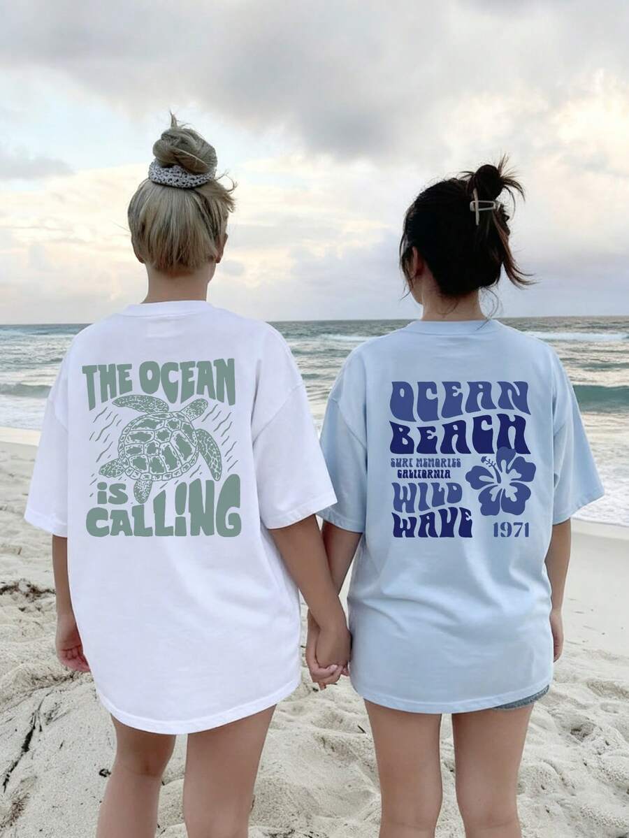 2-Piece Set, Women's Summer Casual Vacation Style Versatile Letter And Turtle Print Pattern Round Neck Short Sleeved T-Shirt. Graphic Tees Women Blue Top Pink Top Vacation Women