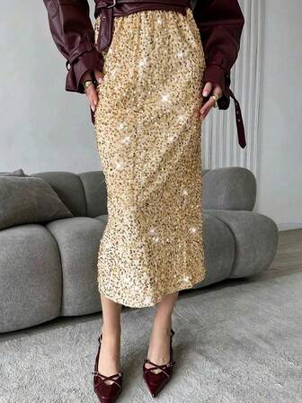 SUNSTORY Women's Fashionable And Elegant Split Hip Gold Sequined Skirt Is Suitable For Party Dinners, Dates, Dinners, And Year-End Parties. Women's New Year's Eve Clothing Is Suitable For Valentine's Day Outfits. Women's Elegant Skirt Is Suitable For New Year's Eve