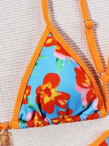 Floral & Leaf Print Backless Tie-Back Elegant Bikini, Suitable For Vacation & Beach, Spring/Summer - Multicolor - View 5
