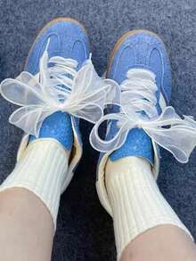 2条欧根纱蕾丝鞋带，透明芭蕾舞风格帆布鞋带，DIY甜美学院风珍珠鞋饰（不含鞋子） - 米色 - 查看 4