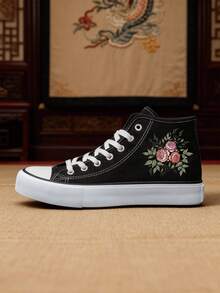 ET041-S002 Black & White Floral Painted High-Top Sneakers, Artistic Print Casual Shoes - ET041HEI - View 1