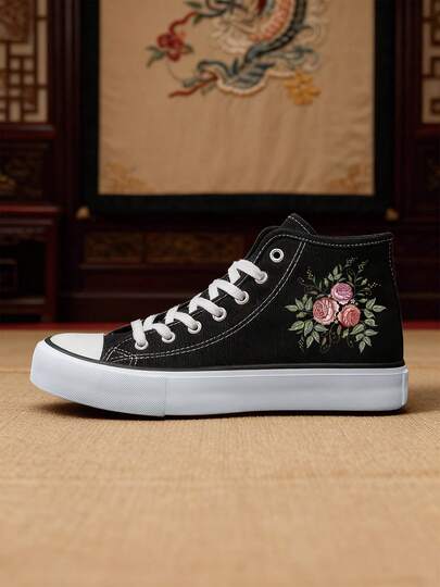 ET041-S002 Black & White Floral Painted High-Top Sneakers, Artistic Print Casual Shoes