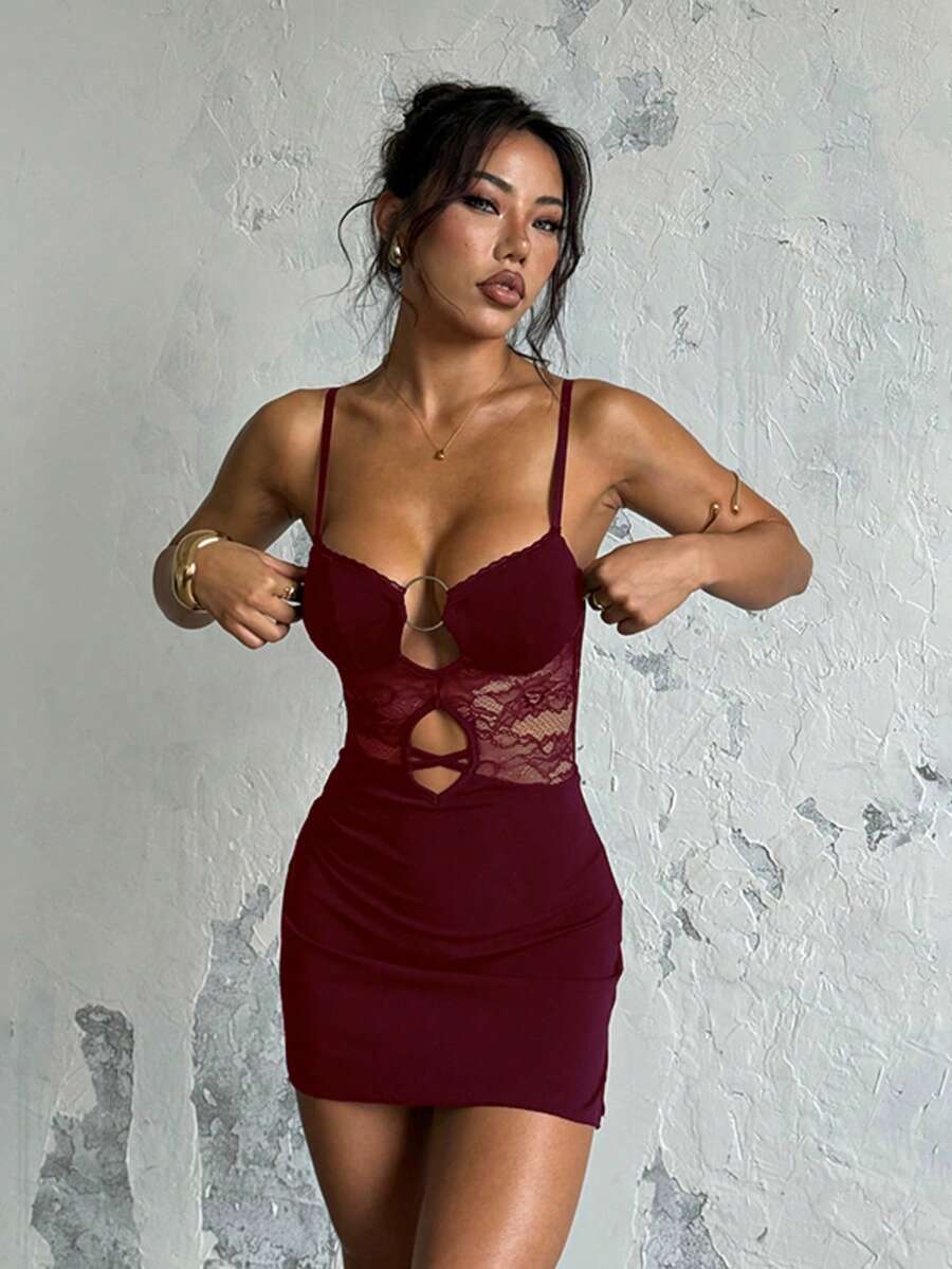 Women's Sexy Hollow-Out Lace Patchwork Spaghetti Strap Dress, Summer, Female Wedding Guest Dress - Burgundy - View 1