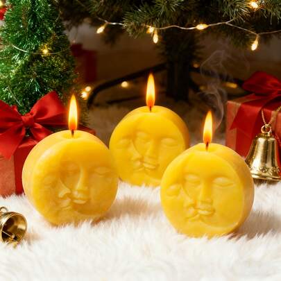 1/2pcs Yellow Moon Face Candles - Beekeeper-Style Wax Candles With Smiling Face Design, Perfect For Christmas, Thanksgiving, Valentine'S Day, Family Gatherings, And Celebratory Occasions, Candle Making Supplies, Festive Decor, Relaxing Ambiance