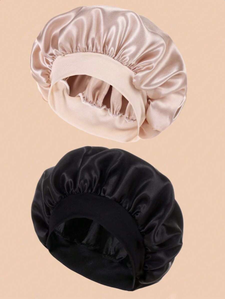 2PCS Luxury Silk Satin Sleep Caps, Solid Color Elastic Bonnets, Soft Lightweight Hair Caps For Night Care, Shower Use, All Night Comfort & Protection - Multicolor - View 1