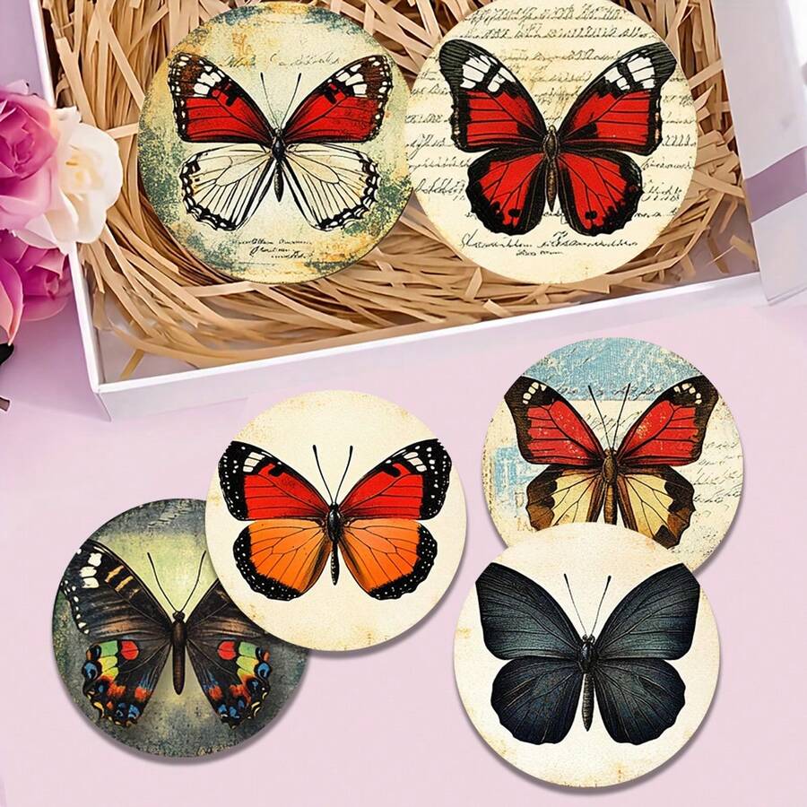 4个/6个/300个复古蝴蝶图案硅藻泥杯垫，适合家居装饰、餐厅装饰、主题派对、日常装饰，也可作为礼物赠送。 - 彩色 - 查看 1