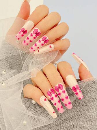 Add A Romantic Touch To The 24 Piece Long Coffin Shaped Minimalist Design With Heart-Shaped Cherry Red Fake Nail Stickers/Sets, Suitable For Women And Girls, Including 1 Sticker And 1 Mini File, Suitable For Valentine's Day, Mother's Day, Parties, Dates, And Daily Office Wear