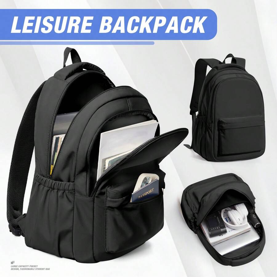 Mochila ligera de ocio negra para mujer, mochila para portátil de gran capacidad, mochila escolar, mochila impermeable de nailon casual con organizador de múltiples bolsillos para viajes, ir al trabajo, escuela y uso diario - Multicolor - Ver 1