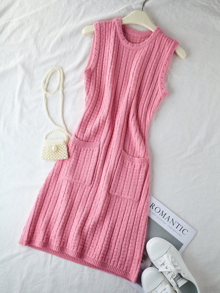 1pc Sweet Girl Pink Knit Camisole Dress, Sleeveless Skirt, Slimming - Watermelon Pink - View 1