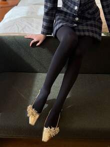 1 Pair Solid Color Sexy Nylon Quilted Shiny Pantyhose, Autumn/Winter - Black - View 5