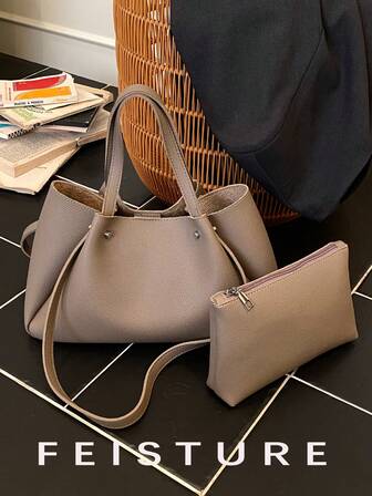 1pc Solid Color PU Leather Tote Bag, Soft Texture Minimalist Women's Shoulder Bag, Magnetic Closure, With Small Pouch, Suitable For Girls, Ladies, College Students, Young Professionals, Great For Work, Business, Commute, School