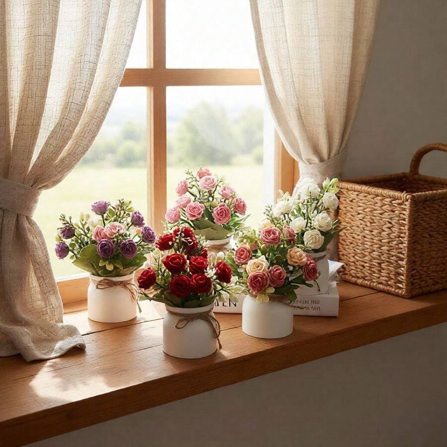 仿真迷你花盆，人造植物，适用于家居装饰，客厅、办公室、书桌、花园、室内外摆放，逼真3D花卉造型，易于养护，无需浇水，持久耐用，是室内设计、情人节礼物和家居装饰的理想之选。 - 彩色 - 查看 1