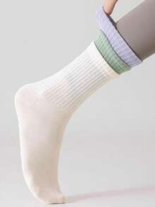 1 paire de chaussettes de yoga blocs de couleurs pour femmes, chaussettes mi-mollet antidérapantes professionnelles pour le pilates, convenant pour le port au sol lors de sports de printemps/été - Multicolore - Voir 6