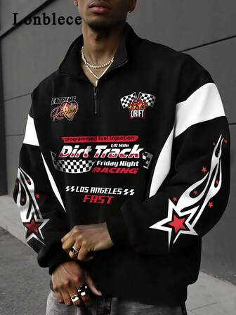 Lonblece 1 pieza Sudadera con cremallera de cuarto para hombre, estampado gráfico de número de carrera en patchwork negro y blanco, sudadera casual con cremallera de cuarto, otoño, parte superior de manga larga