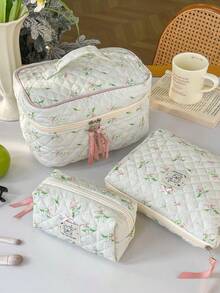 1pc Friend Gift Green Floral Bow Plaid Quilted Girls Makeup Bag, Portable Large Capacity Cosmetic Bag With Zipper, Suitable For Travel And Vacation Essentials, Can Store Sanitary Pads, Keys, Phone, Charger, Lipstick, Cosmetics, Perfume, Makeup Brushes, Etc., Can Be Used As Skincare And Beauty Product Storage Bag, Suitable For Women, Students, Female Students, Also An Ideal Choice For Holiday And New Year Gifts. - Green - View 2