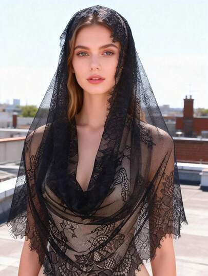 1pc Black Lace Bridal Veil, Women's Solid Color Lace Embroidered Shawl Scarf Muslim Headscarf