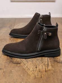 男士真皮靴，复古麂皮靴，尖头增高侧拉链高帮鞋，英伦风切尔西靴，商务休闲中帮日常靴