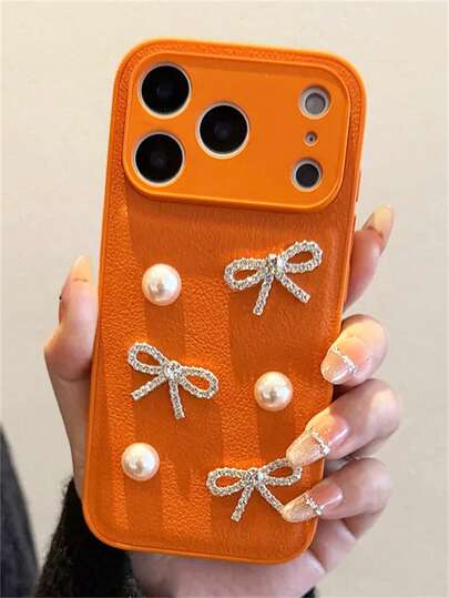 Lyxigt glänsande 3D-rosettpärlmönster i litchi, orange telefonskal kompatibelt med 17 ProMax 17 Pro 17 16 15 14 13 Pro Max enfärgat kameraskydd mjukt bakstycke