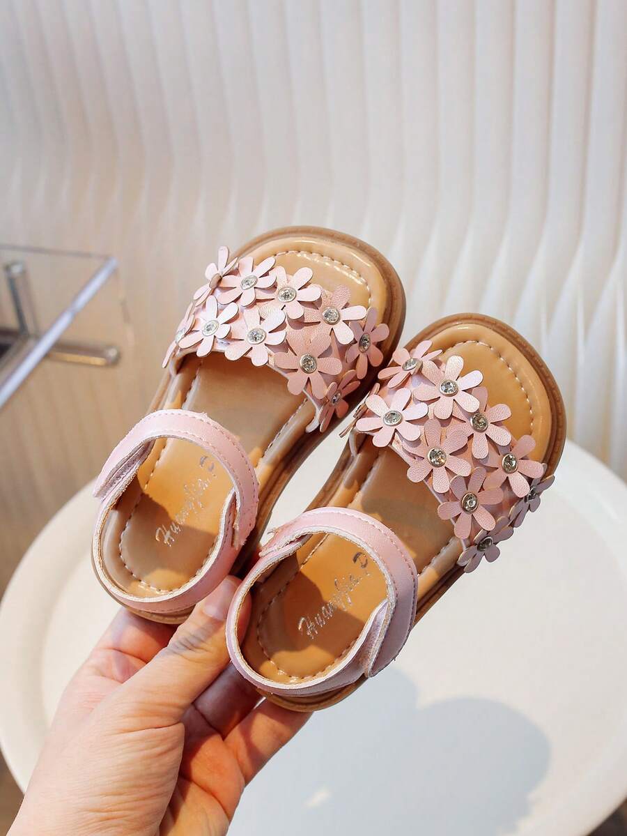 1 Pair Girls' Floral Rhinestone Decor Non-Slip Thick Sole Sweet Style Open Toe Sandals, Suitable For Home, Casual And Daily School Wear - Pink - View 1