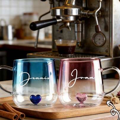 Tasse en verre borosilicaté à double paroi avec fond en forme de cœur personnalisé, tasse isolante résistante à la chaleur avec dégradé bleu pour couple, convient pour le lait, le jus, l'eau, cadeau pour hommes, femmes, Saint-Valentin, mariage, accessoires de cuisine