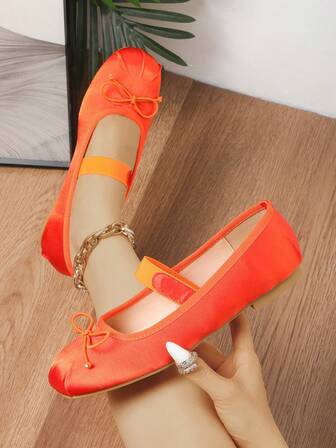Women's Orange Satin Square Toe Bow Decor Strap Flat Shoes, Fashionable Versatile Daily Commute Casual Mary Jane Shoes