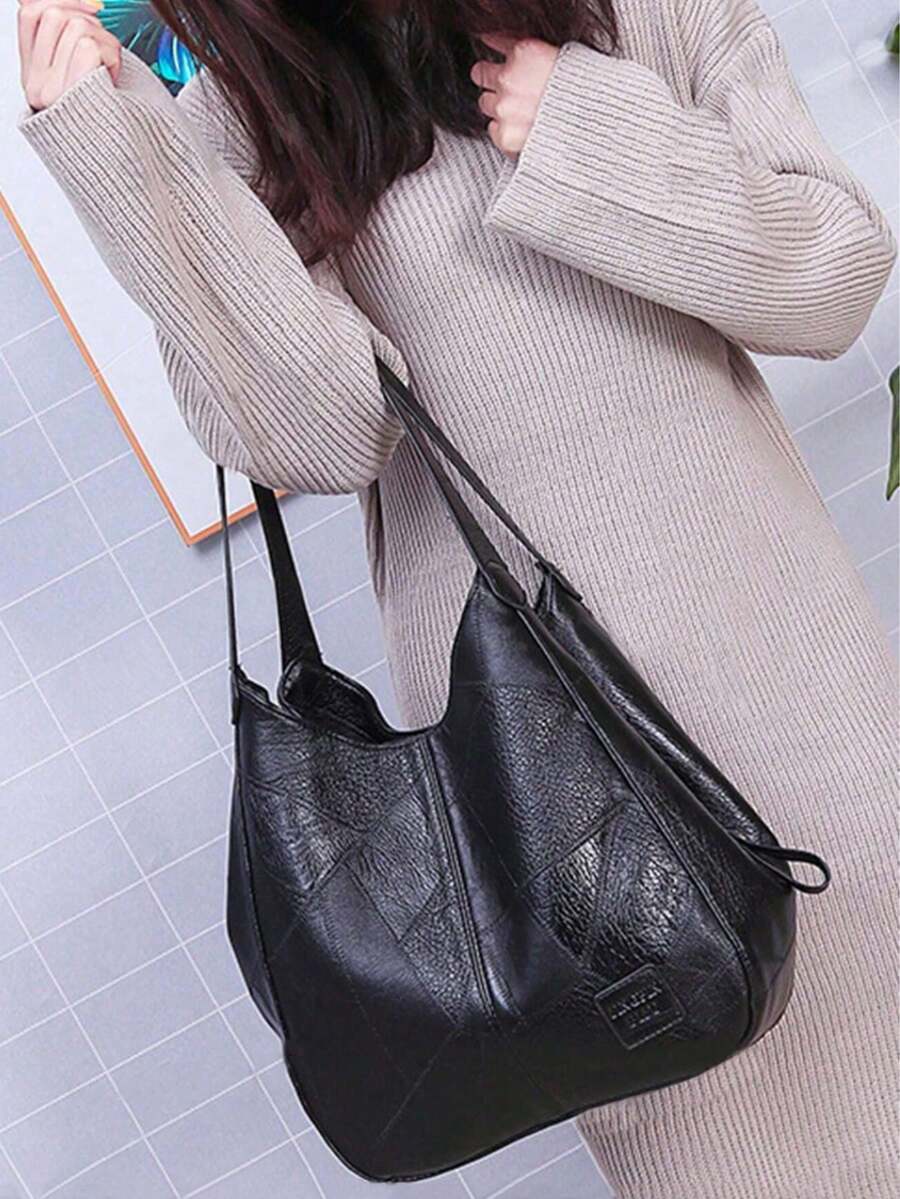 女士中号单肩包，缝线细节，PU材质手提包 - 黑色 - 查看 1