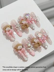 10片杏仁形粉色美甲贴纸，粉色美甲，手工美甲，粉色法式雪花美甲（雪花图案随机），粉色3D蝴蝶结，3D可爱泰迪熊，粉色珍珠，花朵宝石，五角星宝石，心形宝石，白色蝴蝶结，可爱美甲，法式美甲，Y2K风格美甲贴纸，美甲用品 - 粉色 - 查看 4