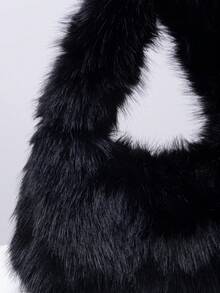 Solid Fluffy Soft Candy Color Satchel Bag, Y2K Style Faux Fur Tote Bags For Ladies, Party Bag, Party Dresses For Women, Winter Fur Purse, Suitable For Commuting, Work, Gatherings, Parties, Perfectly Matching With Fall Outfits Womenfall Clothes For Women, New Arrival Fur Bag For Women - 黑色 - 查看 5