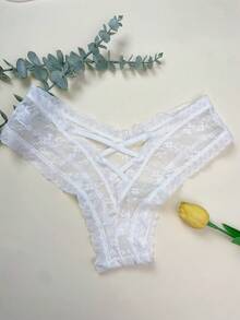 Flower Lace Low-Rise White Thong With Crossed Straps, Sexy And Breathable Lady's Underwear With Hollow-Out Design And Invisible Hip Lift, European And American Style Lingerie - White - View 3