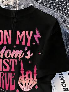 Tween Girls' Slogan Skull Hand Print Round Neck Loose Casual Short Sleeve T-Shirt - Black - View 6