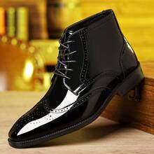 Mens Glossy Colorblock Ankle Dress Boots Lace Up Brogue Wingtip Pointed Toe PU Upper Low Heel Formal Shoes For Office Wedding Party And Evening Wear - Black - View 4