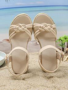 1 Pair Girl's Summer Casual Wedge Sandals, Simple Chinese Knot Design, Comfortable Fashion Open Toe Thick Sole Adjustable Buckle Sandals - Champagne - View 6