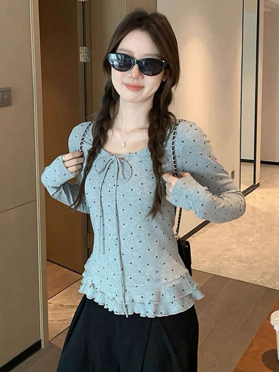 女士波点荷叶边长袖T恤，秋冬季款，蝴蝶结系带设计，修身圆领套头衫 - 灰色 - 查看 1