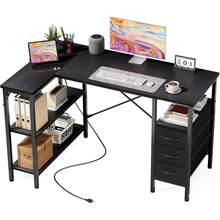 Sweetcrispy Escritorio en forma de L con estantes y cajones, escritorio de esquina blanco para computadora con salida de corriente, mesa de estudio con estantes ajustables, mesas de oficina en el hogar para dormitorio, maestro, lectura y escritura - Negro - Ver 12