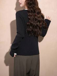 Women's Spring Casual Pullover Top With 2 In 1 Design - Black - View 2