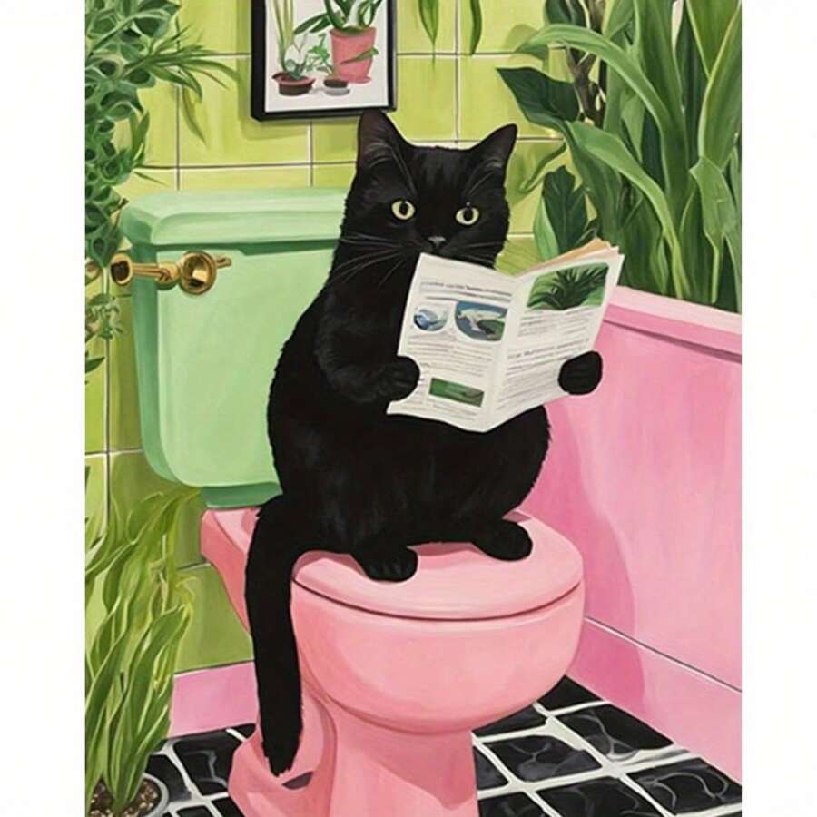 Se muestra un pequeño gato sentado en el inodoro y leyendo un periódico. La pintura en lienzo colorida con marco - un conjunto de arte hecho a mano - es un artículo de manualidades ideal para la decoración del hogar y de las paredes. Presenta impresiones de alta calidad y es adecuado para decoradores del hogar, decoraciones de pared de lienzo enmarcadas. - Multicolor - Ver 1