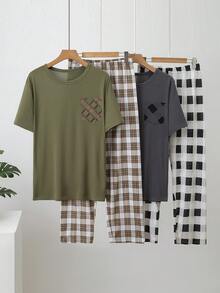 4 piezas Conjunto de pijama ligero para hombres, top de manga corta y pantalones largos - Multicolor - Ver 1